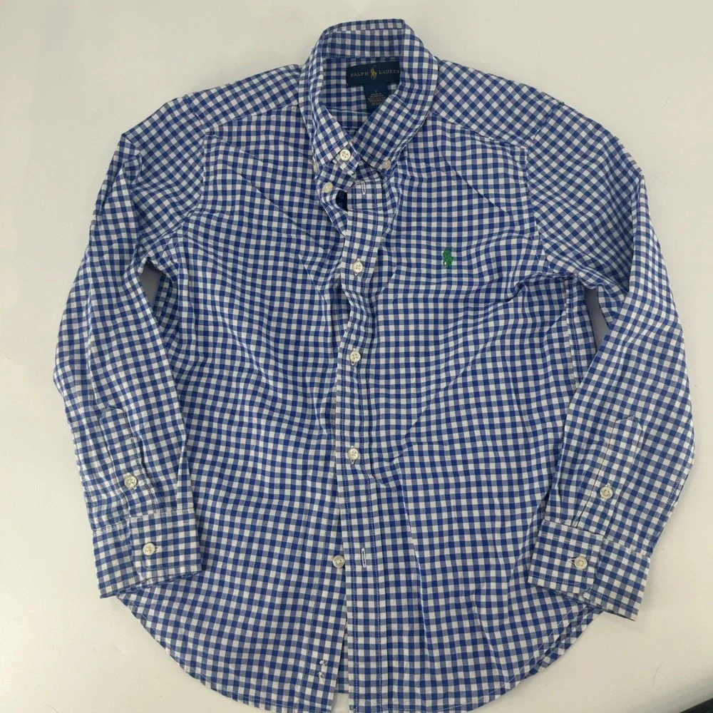 Ralph Lauren Boys Size 7 Blue White Gingham Cotton Button Down Shirt Green Pony
